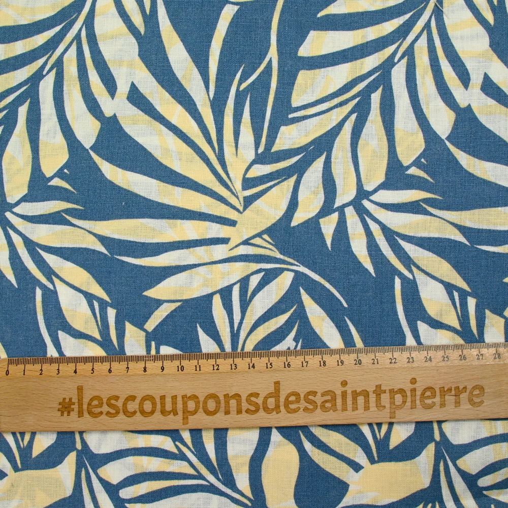 100% Lin imprimé feuille bleu - Image 3
