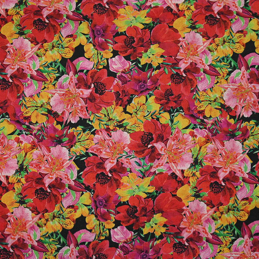 Coton imprimé bouquet flamboyant jaune et rouge fond noir