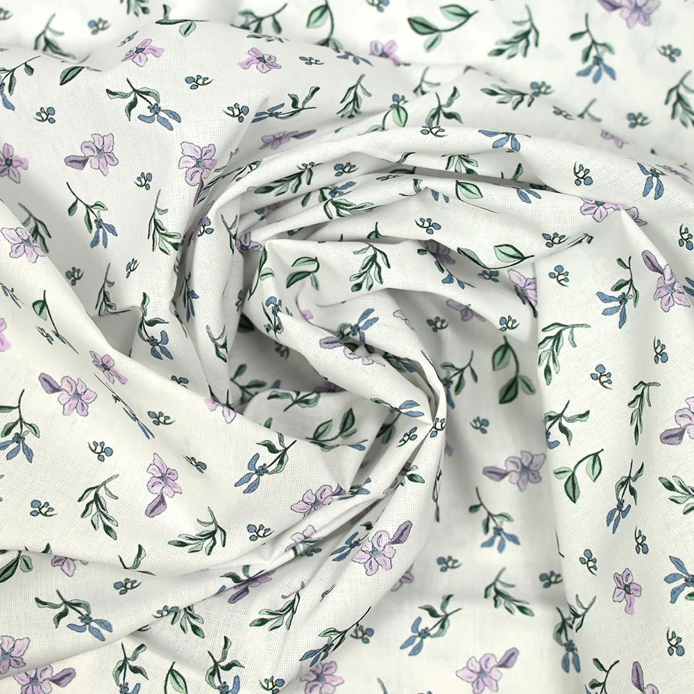 Coton imprimé envole céleste vert et parme fond blanc - Image 2