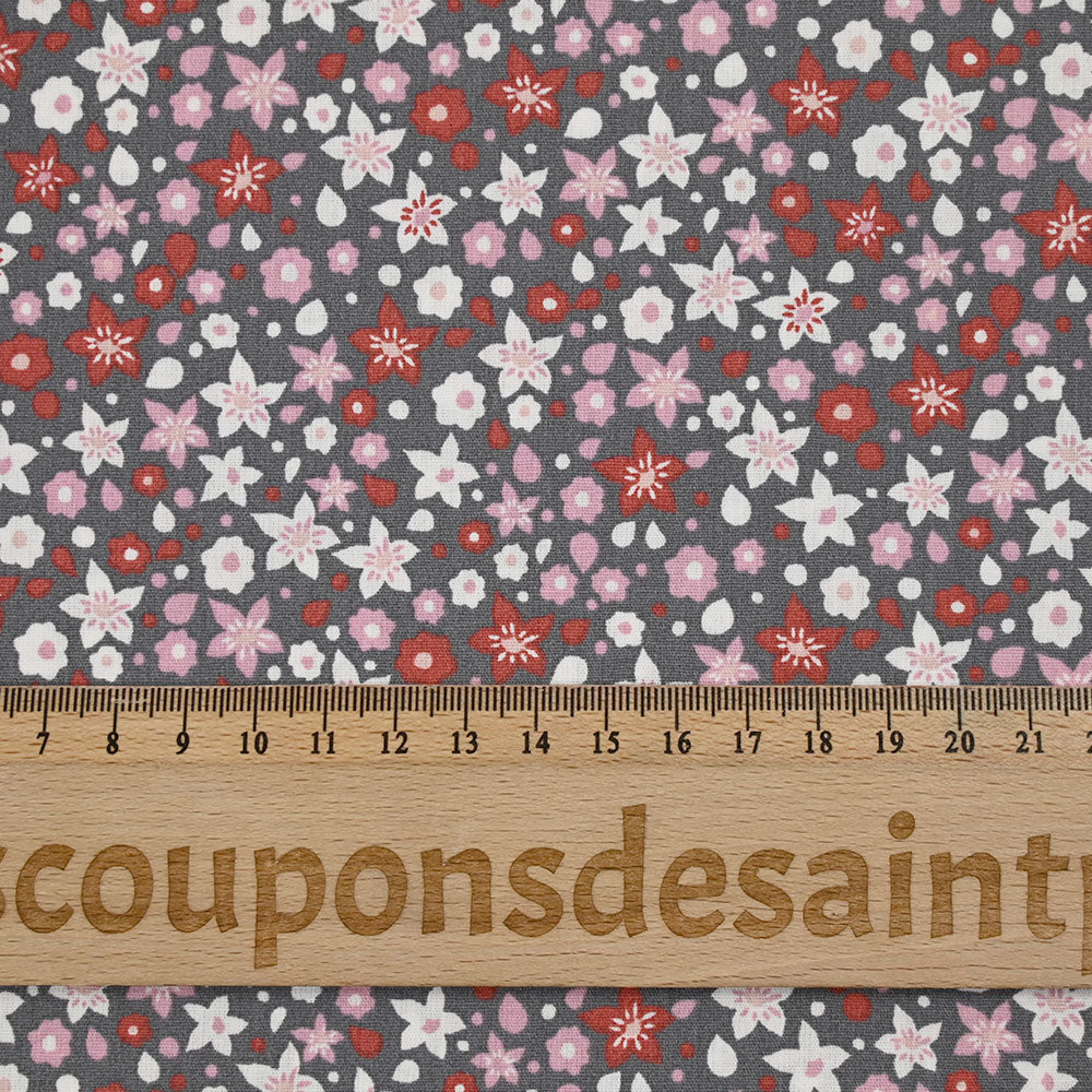 Coton imprimé mille fleurs rose fond gris souris - Image 3