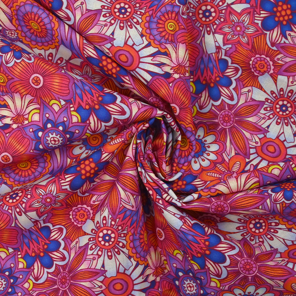 Coton imprimé Retro Flower indigo et rose - Image 2