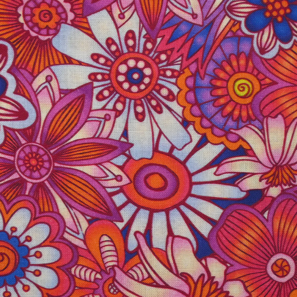 Coton imprimé Retro Flower indigo et rose - Image 5