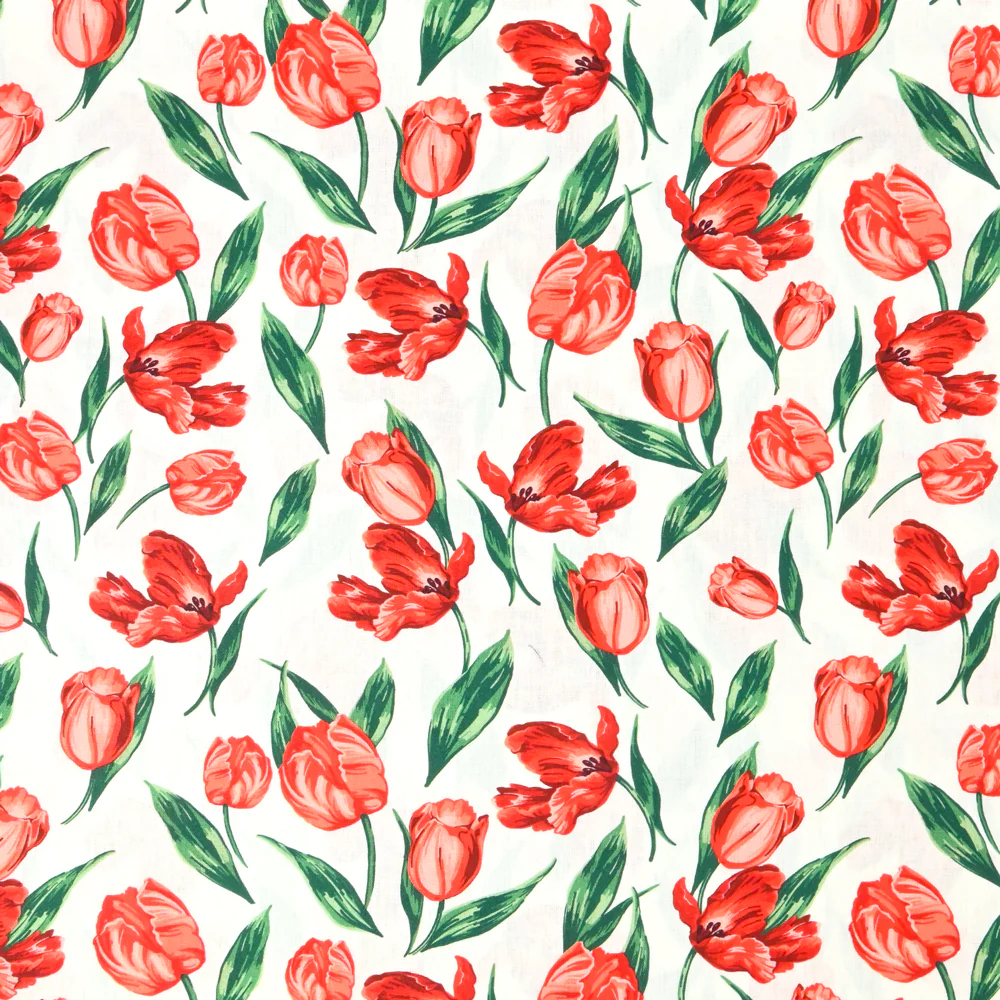Coton imprimé tulipe rouge fond blanc