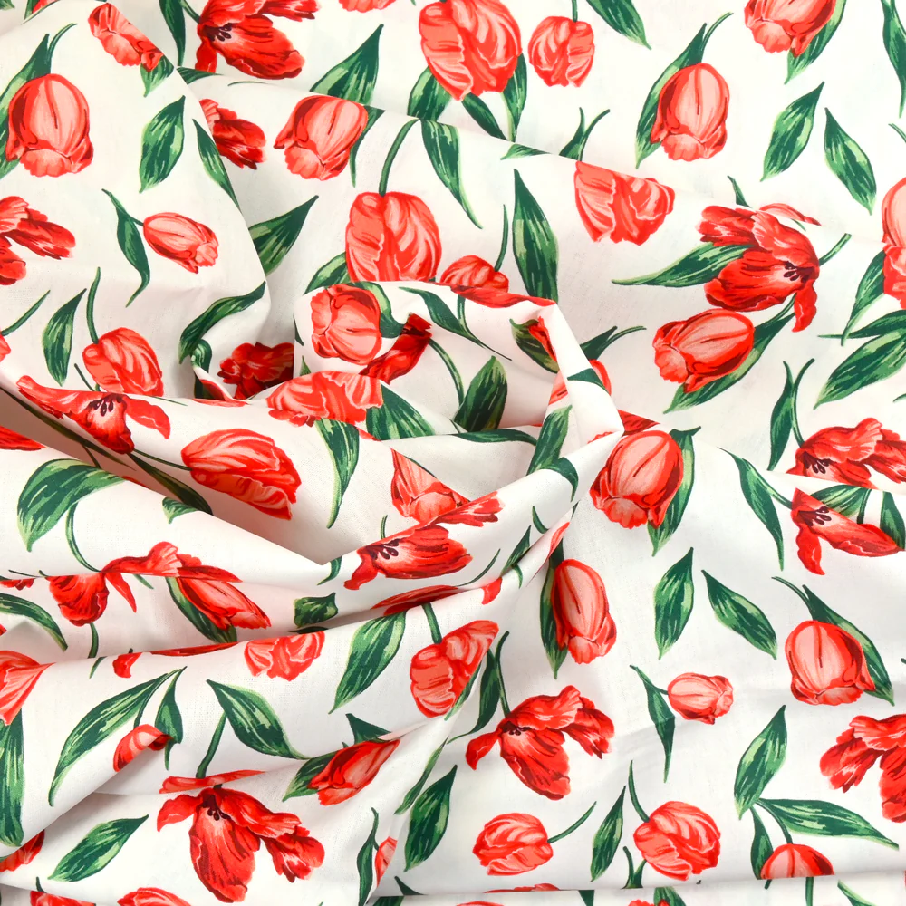 Coton imprimé tulipe rouge fond blanc - Image 2