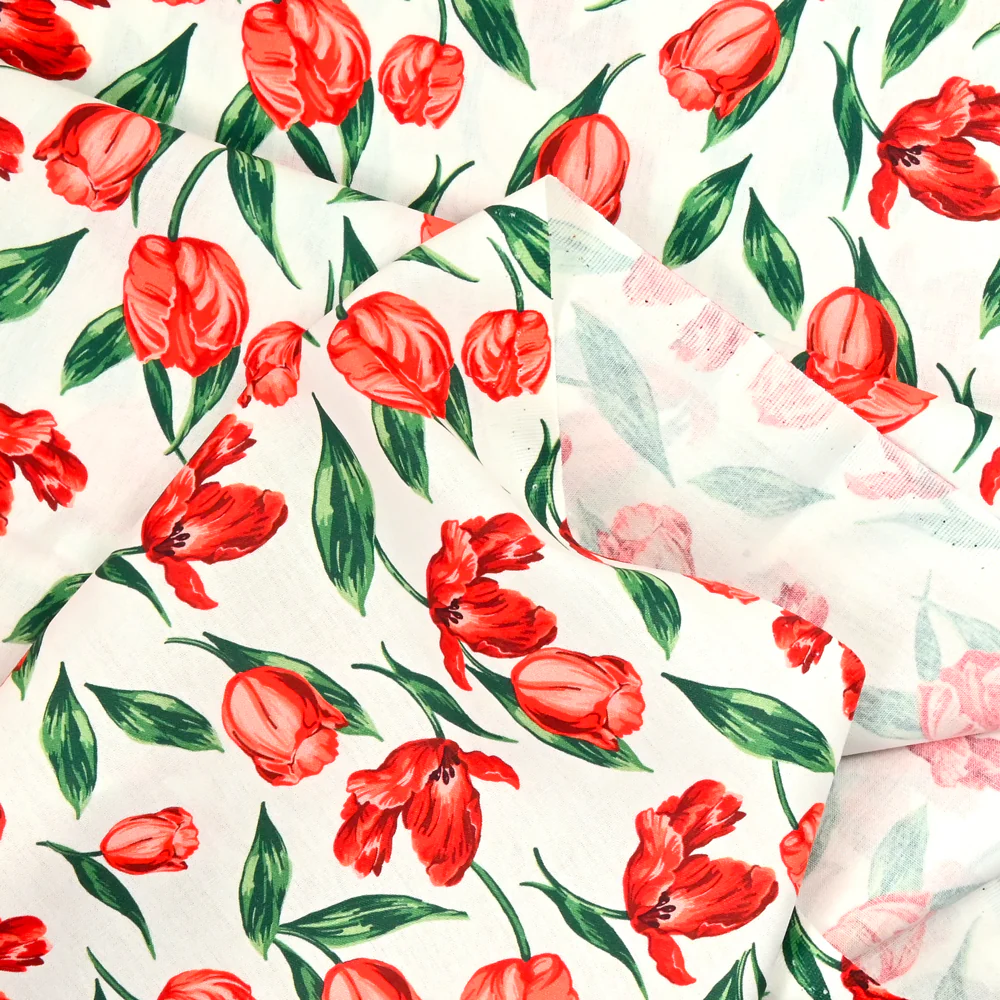 Coton imprimé tulipe rouge fond blanc - Image 4