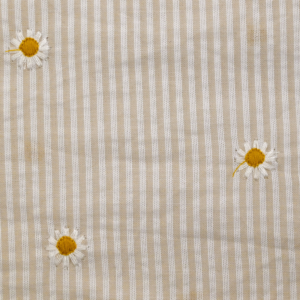 Coton tissé teint brodé marguerite fond rayé blanc et beige - Image 5
