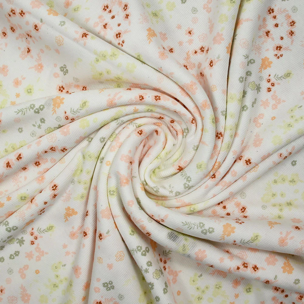 Jersey de coton imprimé fleuri rose et vert fond blanc cassé - Image 2