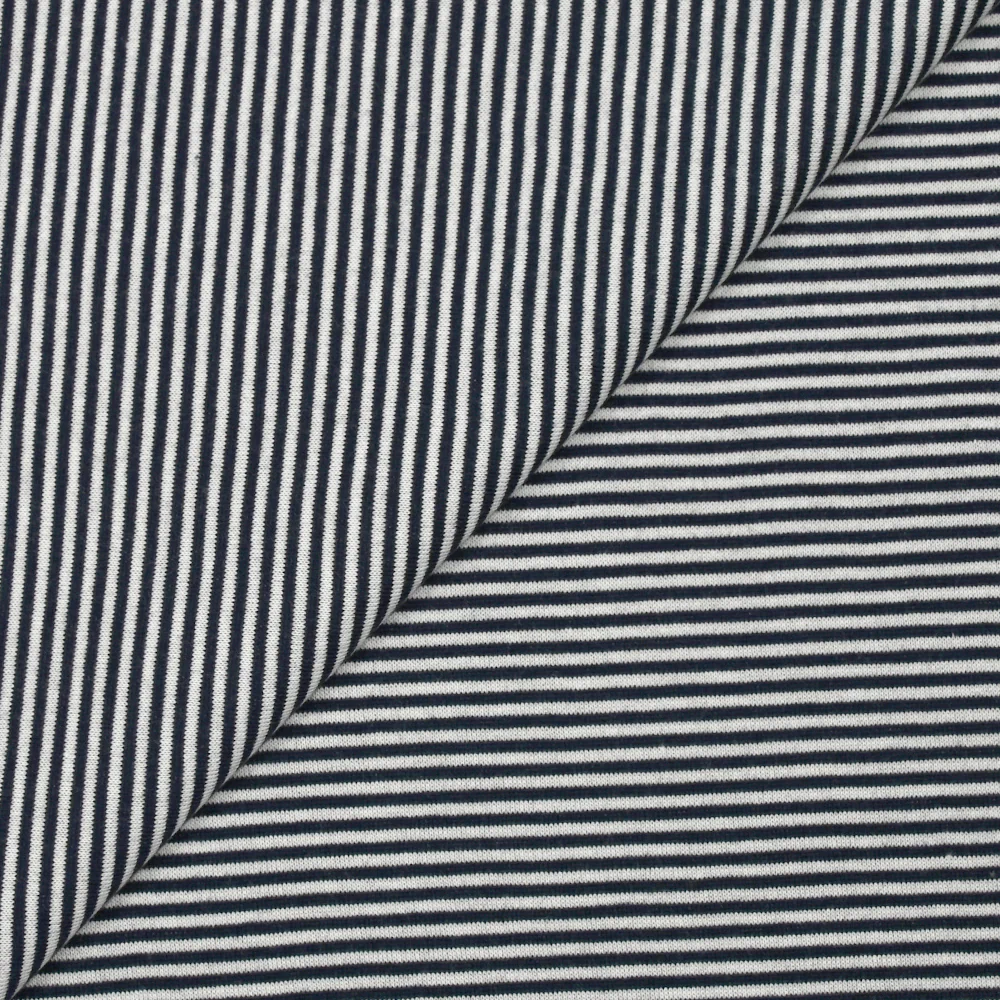 Jersey de polycoton rayé 2mm marine et blanc envers doré