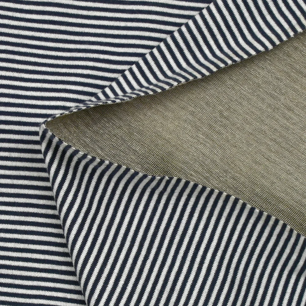 Jersey de polycoton rayé 2mm marine et blanc envers doré - Image 6