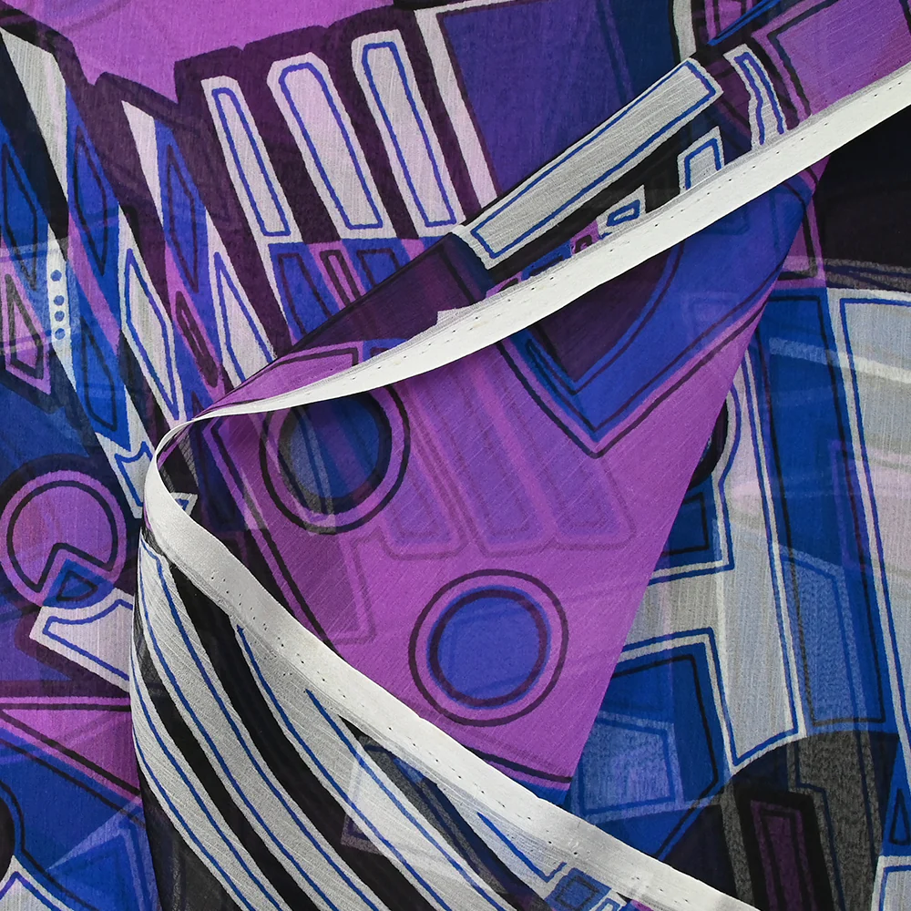 Mousseline crinkle 100% soie imprimée old school bleu roi et violet - Image 5