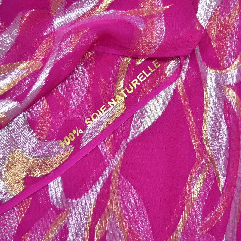 Mousseline de Soie dévorée Tlija or et argent fond fuchsia - Image 3