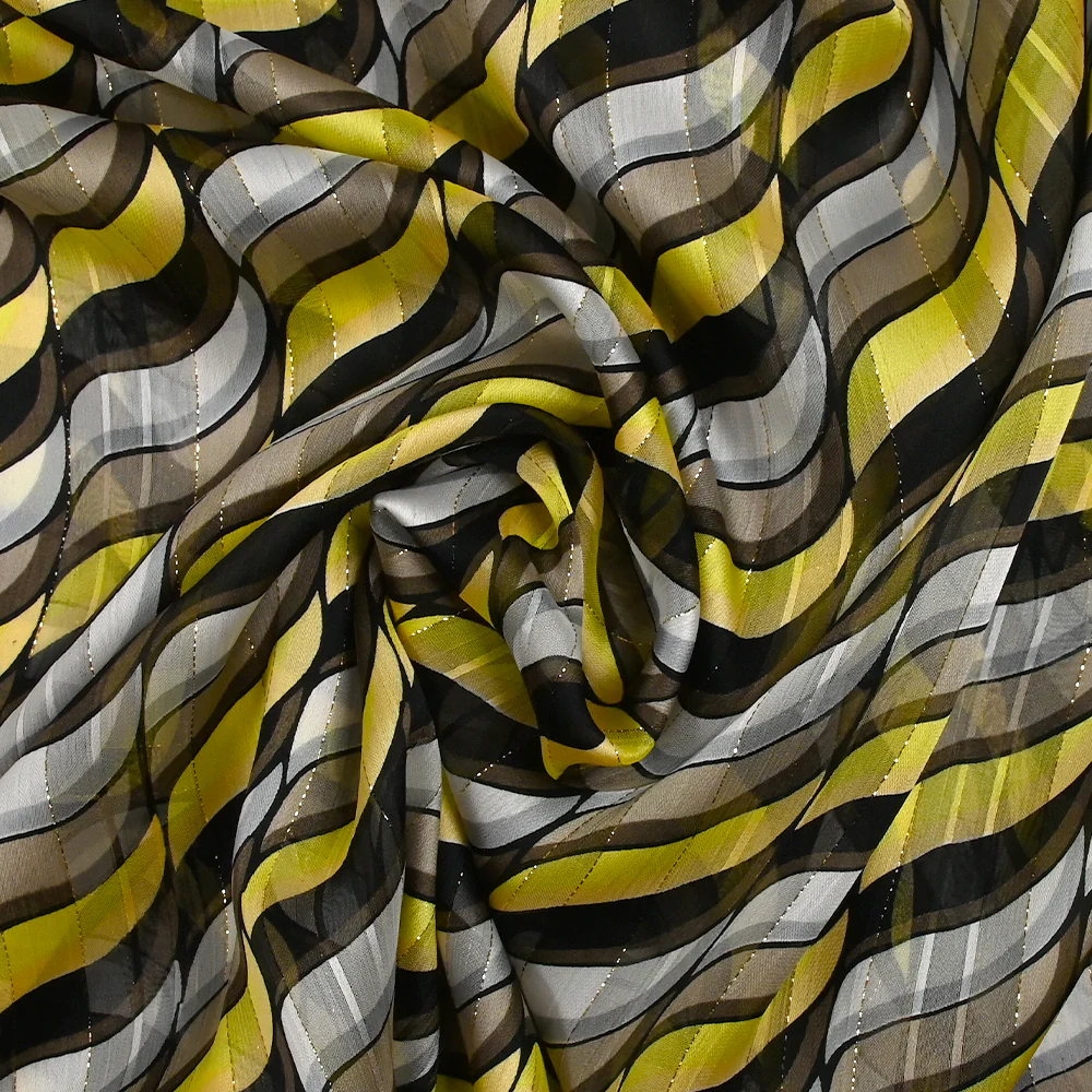 Mousseline imprimée bande satin ondulation géométrique marron et jaune - Image 2