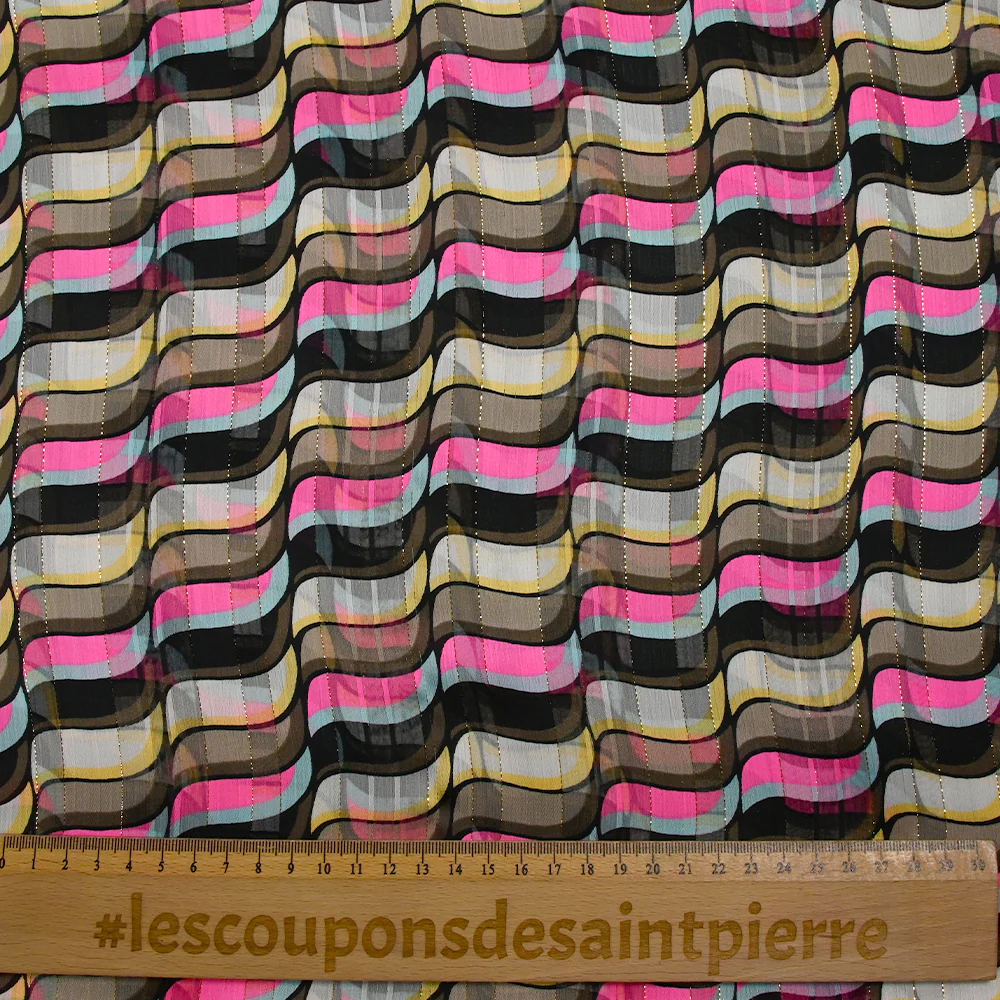 Mousseline imprimée bande satin ondulation géométrique marron et rose fluo - Image 3