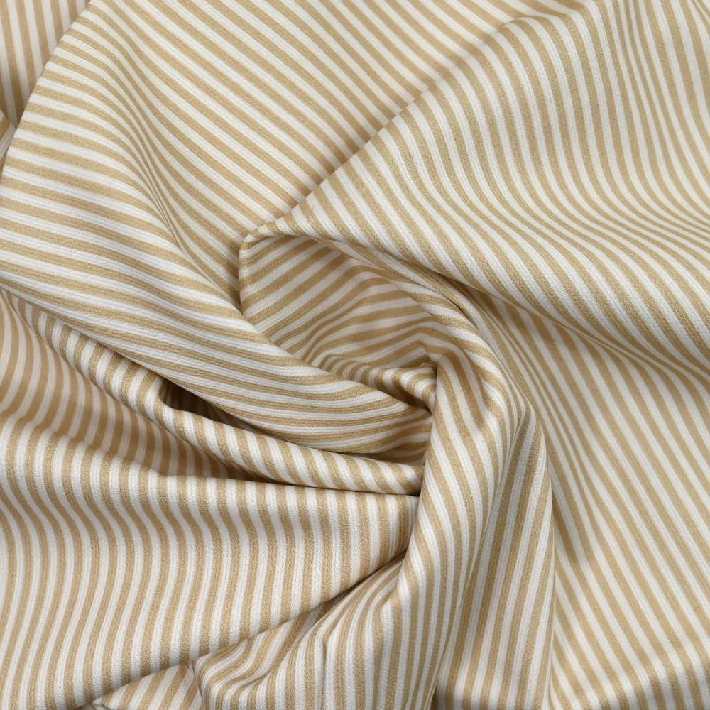 Piqué de coton imprimé rayé beige fond blanc - Image 2