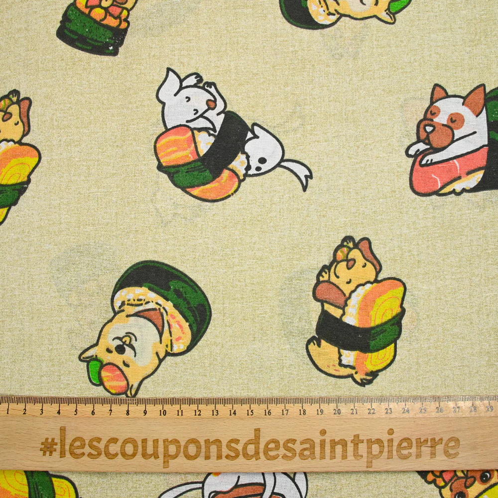 Polycoton imprimé chien sushi fond ficelle - Image 3