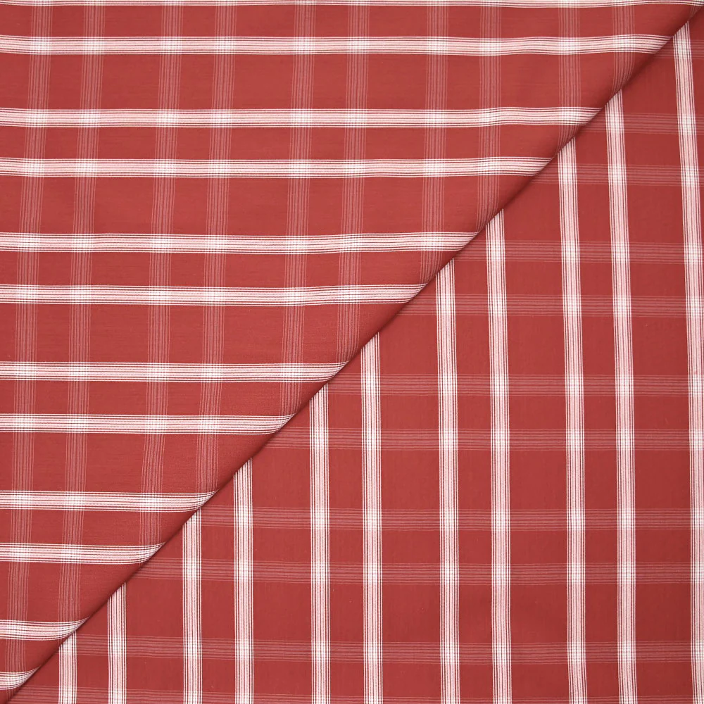 Polycoton tissé-teint ligne blanche contrastante écru fond brique