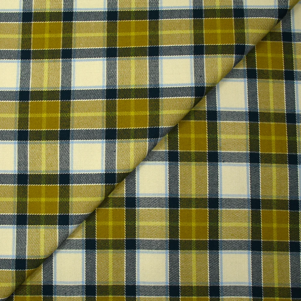 Polyviscose tissée-teinte à carreaux Franck olive fond écru