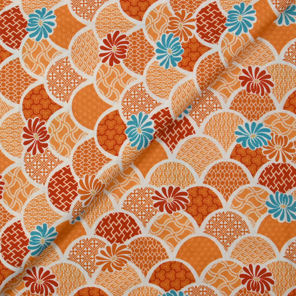 Popeline de coton imprimée seigaiha fond orange - Image 4