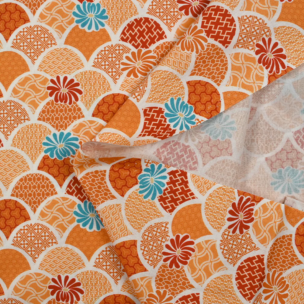 Popeline de coton imprimée seigaiha fond orange - Image 5