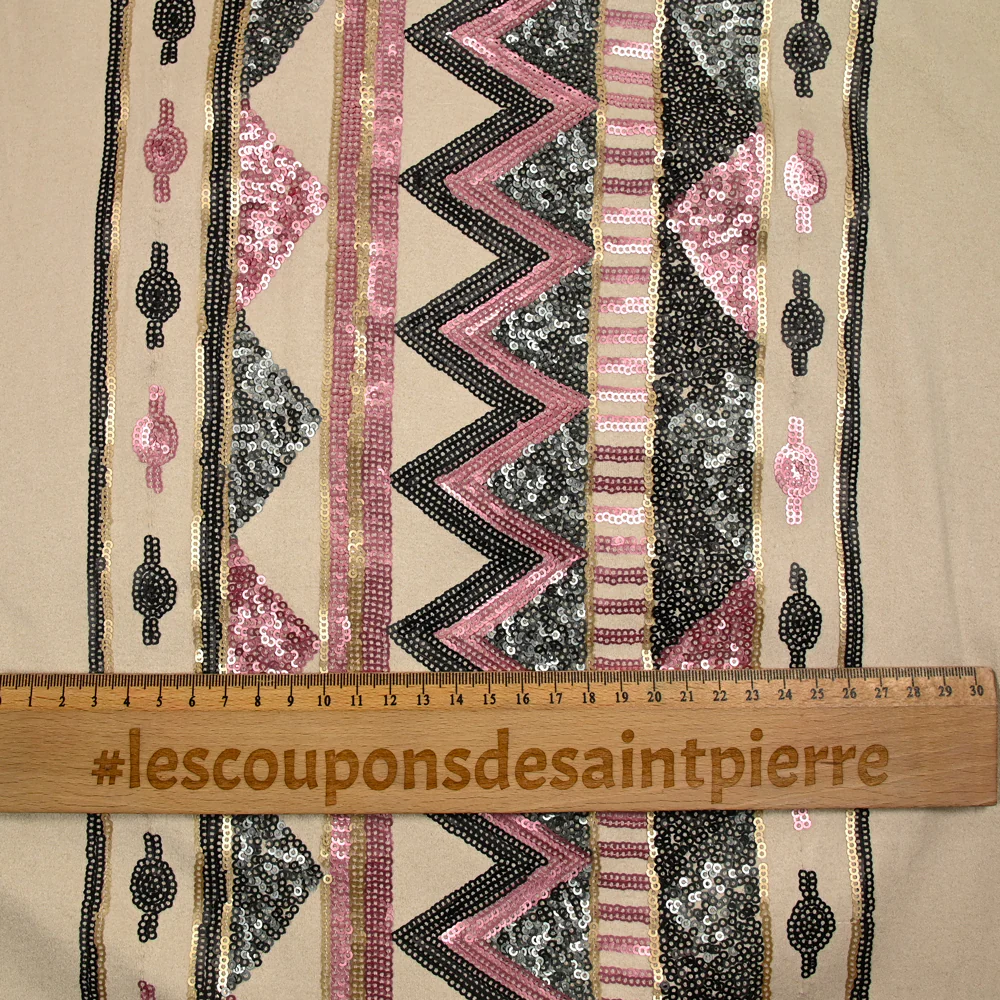 Suédine jersey à base brodée sequin rose et gris fond sable - Image 4