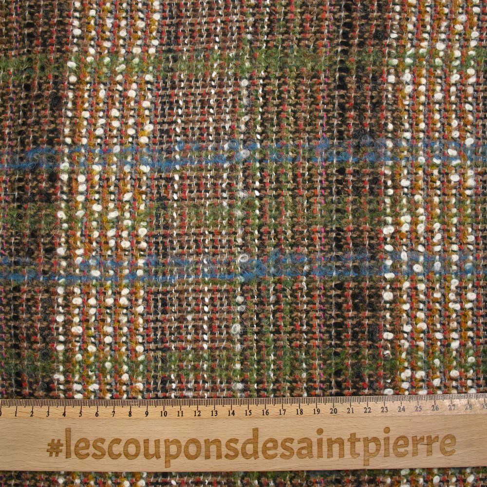 Tweed de laine mélangée Clémence ligne verte et bleue fond beige et vert foncé - Image 3