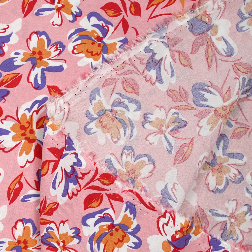 Viscose imprimée Azalée rouge et violet fond rose - Image 4
