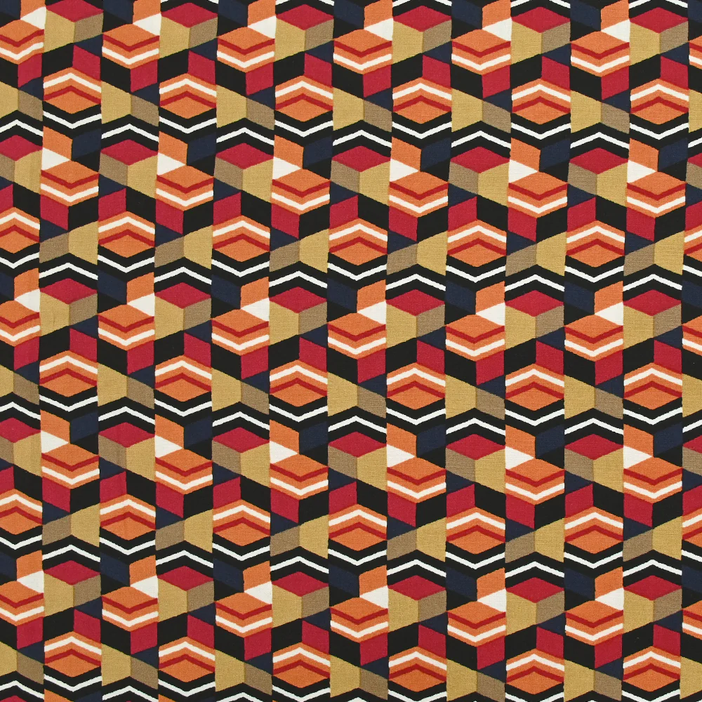 Viscose imprimée prismes en patchwork rouge et orange